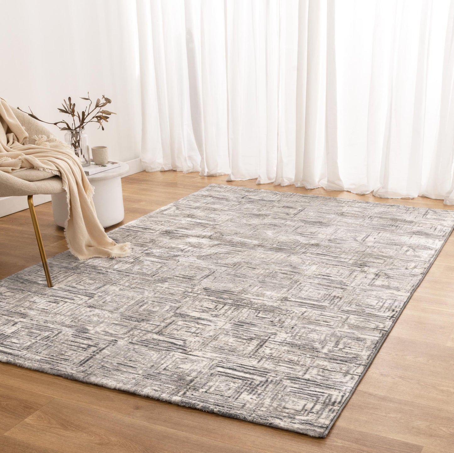 Atina Distressed Geo Squares Grey Rug - AT03