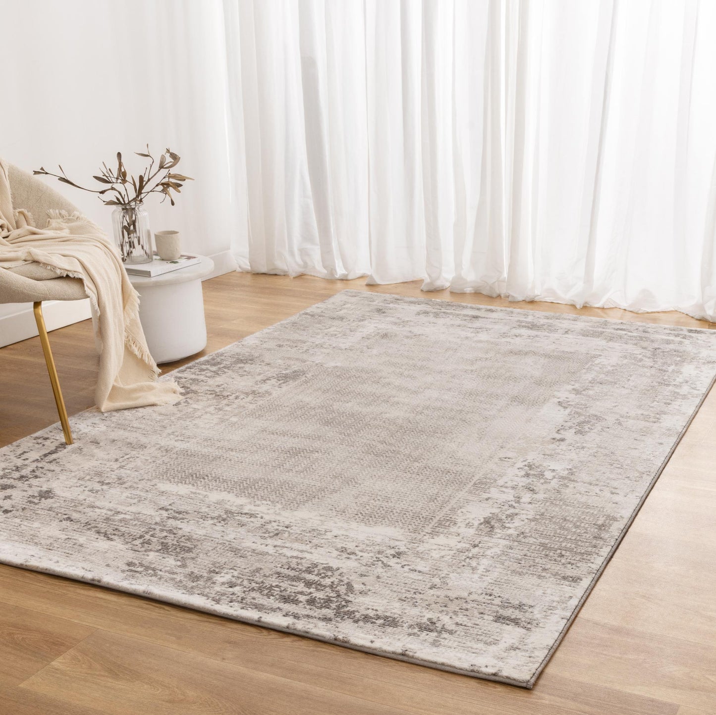 Atina Distressed Border Beige Grey Rug - AT04